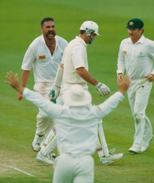 Merv Hughes gives Graeme Hick a warm send-off, England v Australia, 1st Test, Old Trafford, June 4, 1993